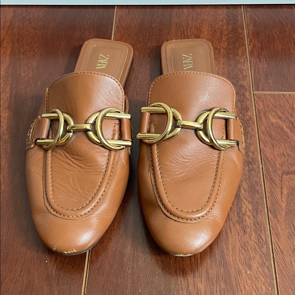 Zara Women's Brown Leather Mules with Gold Accent